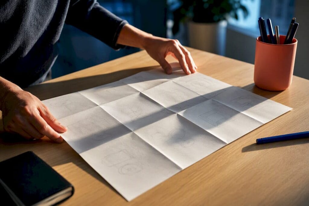 Designer preparing eight-panel brainstorming sketch
