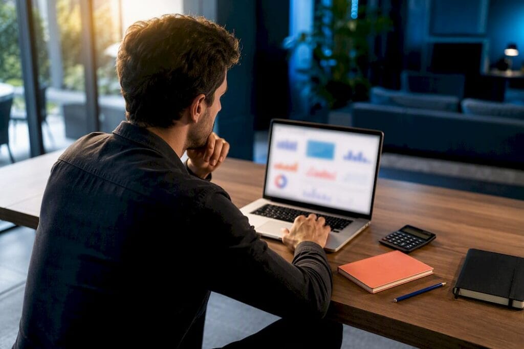 Founder modeling revenue forecasts on laptop