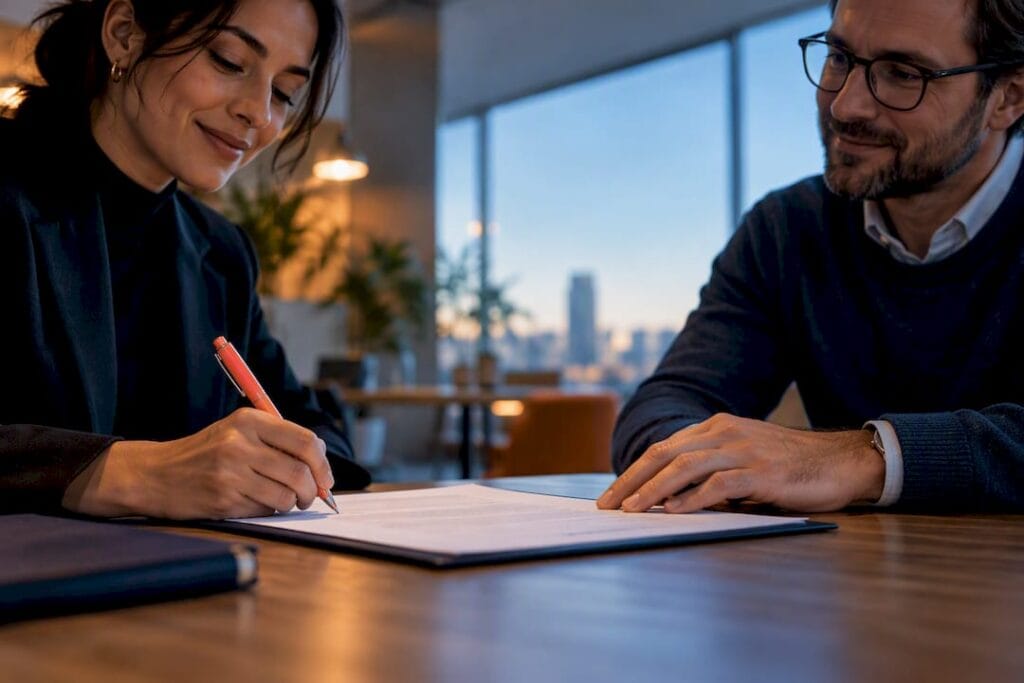 Founder and mentor finalizing an agreement