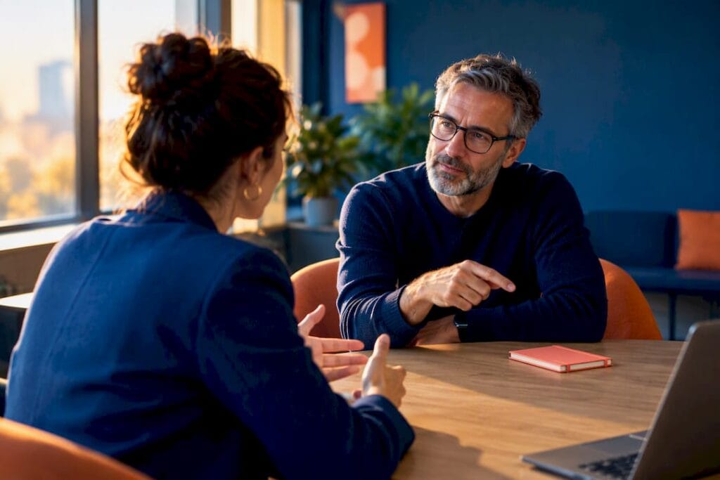Professional mentoring conversation in modern workspace