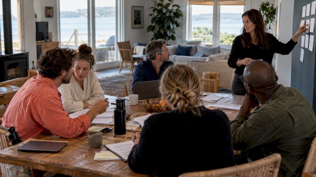 Managers working through a structured team retreat