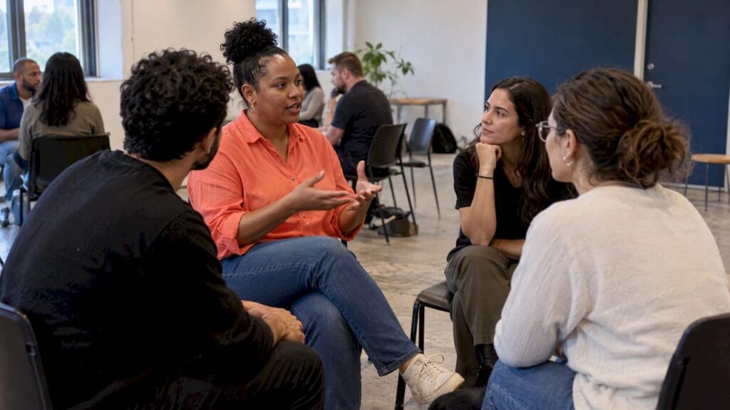 Entrepreneurs sharing ideas at a workshop