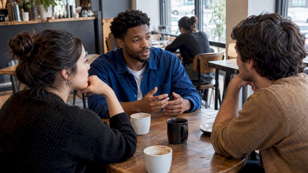 Founders sharing candid feedback at a café
